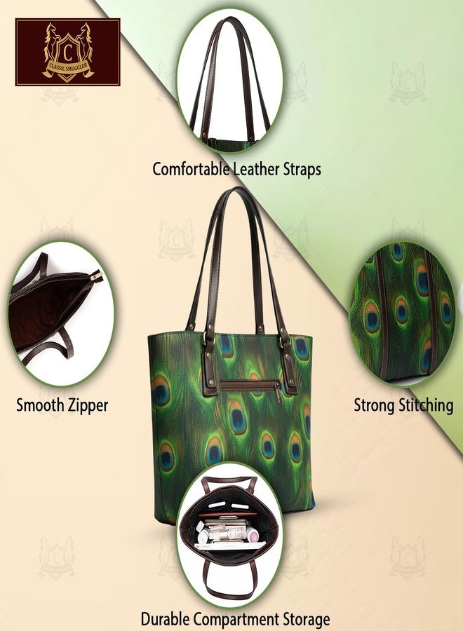 CLASSIC SMUGGLER Women’s Stylish Handbag with Peacock Print | Premium Fabric Shoulder Bag with Metal Chain | Large Capacity Tote Bag for Office, College, Shopping & Daily Use - Image 4